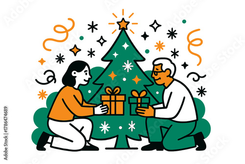 Joyful Gift Exchange. Gift exchange. Two family members handing each other wrapped presents under a glowing