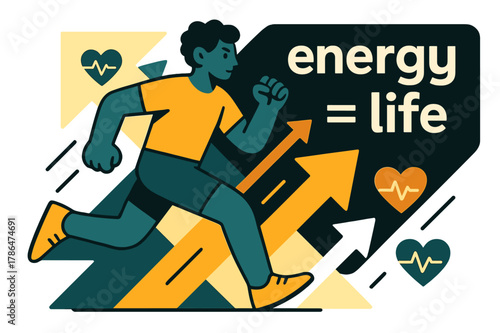 Dynamic Exercise Vibrance. Why We Need to Exercise. A dynamic figure runs through bold geometric shapes; arrows and heartbeat icons follow in rhythm. Text