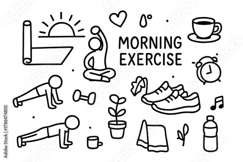 Morning Exercise Doodle. Morning exercise. Hand-drawn doodle illustration morning exercise sunrise, yoga mat, stretching figure, push-ups, dumbbell, coffee