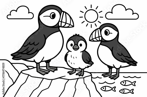 Puffin Family Coloring Page. Puffin family children?s coloring book illustration, outlined drawing, two parent puffins and a chick standing on a rocky cliff