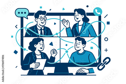 Virtual Networking Session. Virtual Meeting. Professionals appear on a large video screen, with glowing