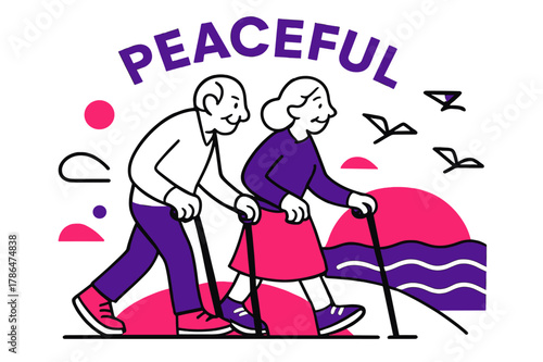 Peaceful Seaside Stroll. Old age ? Sunset seaside walk. Canes and sneakers step in rhythm; gulls reduce to triangle kites over rolling lines. The