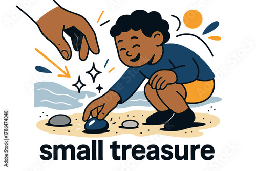 Beach Treasure Discovery. Pebble ? Beach Discovery. Child?s hand picks up a shiny stone from the wet sand; gentle sparkle icons mark the find. Caption ?small