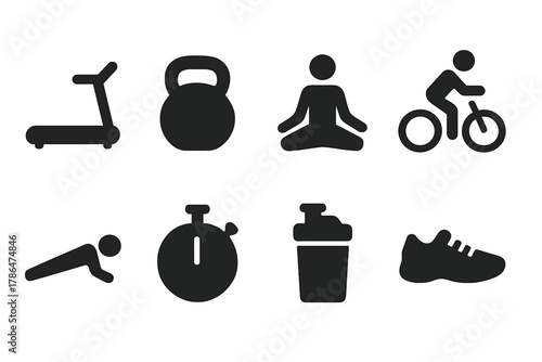 Fitness Icon Set. Physical fitness. Filled icon set of physical fitness: treadmill, kettlebell, yoga pose,
