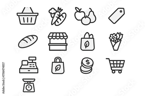 Market Icon Set. Daily market. Line icon set of daily market: shopping basket, fresh vegetables, fruits, bread loaf, vendor stall, price tag, cash register,