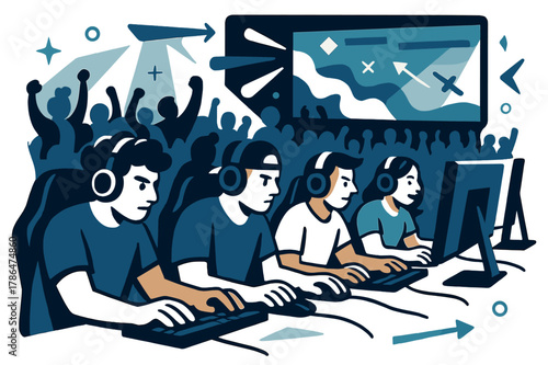 Dynamic E-Sports Arena. E-sports championship. Gamers sitting at desks with computers, hands on keyboards and mice, focused on screens. Crowds cheering in the