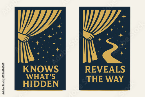 Bold Navy Banners. Hidden and Known. Two vertical A6 banners with safe margins, centered composition, no elements touching edges, bold, navy and gold, veil