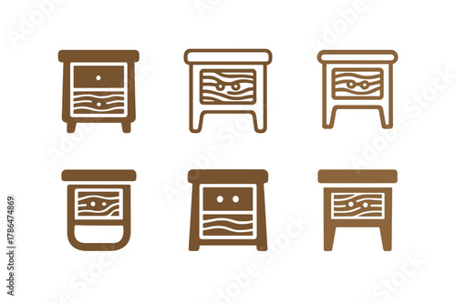 Wooden Emblem Variations. Side table drawer. Set Logo of side table drawer: wooden texture furniture emblem. Icon set. harmonious logo variations of the same