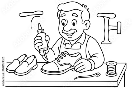 Friendly Cobbler Coloring Page. Shoe maker children?s coloring book illustration, outlined drawing, friendly