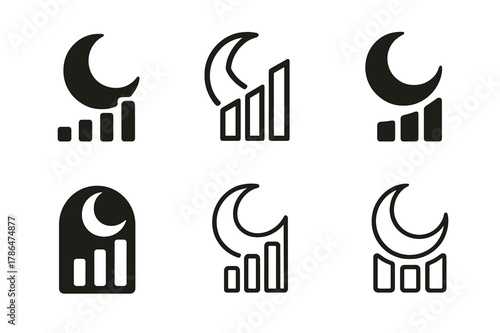 Sleep Recovery Logos. Sleep and recovery. Set Logo of Sleep and recovery: crescent moon over recovery graph. harmonious logo variations of the same emblematic
