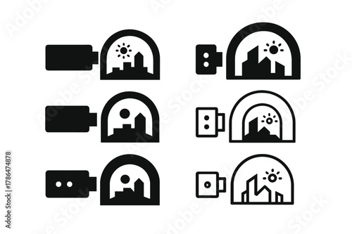 June Concert Logo Set. June concert outdoors. Icon set. Set Logo of june concert outdoors: festival wristband and skyline stage arch. harmonious logo