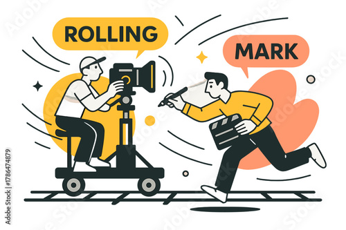 Film Set Dynamics. Behind-the-scenes filming ? Dolly rehearsal. A camera glides on rails; motion lines sweep as a focus puller tracks the marks. ?ROLLING? and