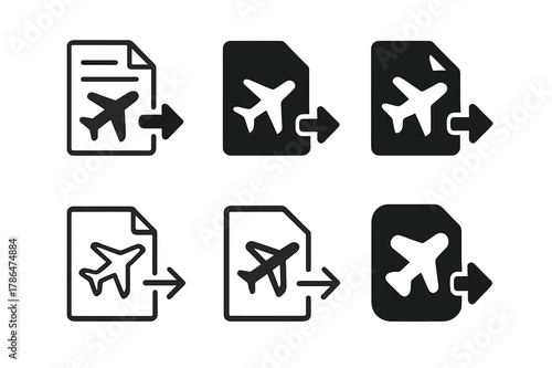 Logo Design Variations. deportation policies. Set Logo of deportation policies: airplane and policy document arrow. Icon set. harmonious logo variations of the
