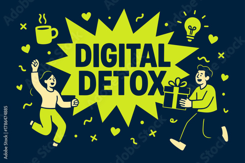Digital Detox Celebration. Digital Detox banner, flat vector illustration, bold oversized text inside splash explosion banner, cartoon characters dancing and