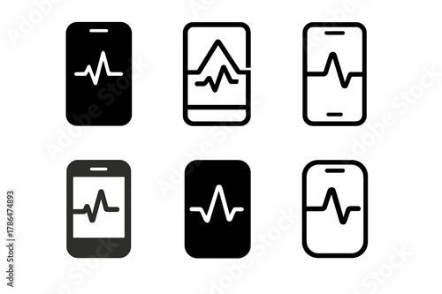 Healthcare App Logos. Healthcare mobile app. Set Logo of Healthcare mobile app: heart rate waveform on phone screen. Icon set. harmonious logo variations of