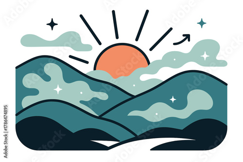 Serene Sunrise Hills. Rolling hills. Sunrise over rolling hills with abstract floating mist, rays, and sparkles; emphasizes peaceful morning, nature, and