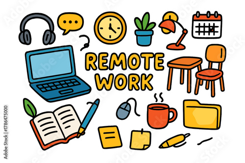 Colorful Remote Work Doodles. remote work. Colorful Hand-drawn doodle Children illustration remote work laptop, desk, chair, coffee cup, notebook, pen, plant,