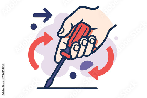 Screwdriver Twist Dynamics. Twist Motion Illustration. A hand demonstrates twisting a screwdriver clockwise;