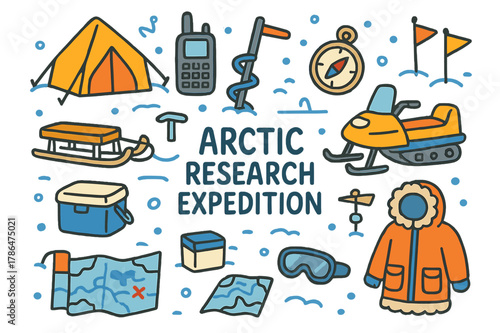 Arctic Adventure Doodles. Arctic research expedition. Colorful Hand-drawn doodle Children illustration Arctic research expedition research tent, snowmobile,