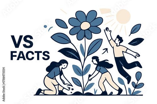 Vibrant Plant Growth. VS FACTS. Growing plants, blooming flowers, sunshine rays, gentle breeze. Seeds sprouting, petals unfolding, leaves dancing. Modern flat