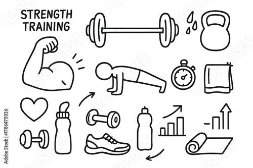 Strength Training Icons. Strength training. Hand-drawn doodle illustration strength training flexed arm, barbell, kettlebell, push-up figure, stopwatch,