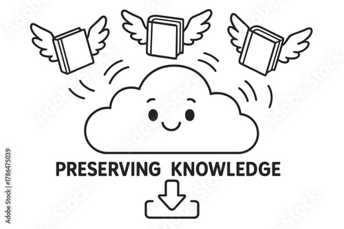 Books Flying to Cloud. Preserving knowledge children?s coloring book illustration, outlined drawing, cartoon