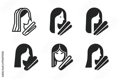 Hairstyle Logo Variations. Hairstyle step-by-step guide poster. Set Logo of hairstyle step-by-step guide poster: sleek straightening routine. Icon set.
