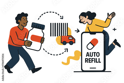 Smart Pharmacy Revolution. Healthcare Tech ? Smart Pharmacy. Pill bottle transforms into barcode and delivery icon; dotted arrows connect to a phone app