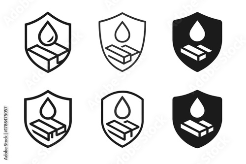 Vapor Barrier Logos. Vapor barrier. Set Logo of Vapor barrier: moisture droplet with shield over joists. harmonious logo variations of the same emblematic