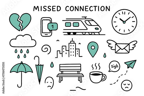 Heartfelt Missed Connection. // Missed connection. Hand-drawn doodle illustration missed connection [broken heart (accented), train departing (accented), phone