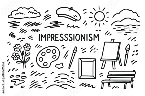 Impressionist Sketches Collection. Impressionism. Hand-drawn doodle illustration impressionism paint strokes, soft clouds, flowers, palette, beret, easel,