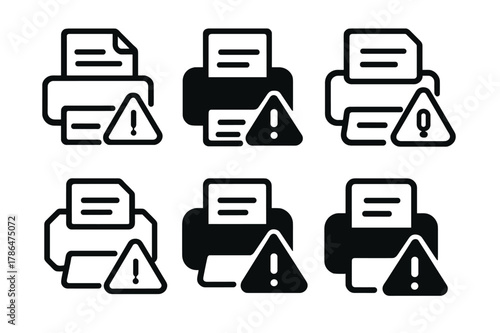 Printer Jam Icons. Fixing printer paper jam. Icon set. Set Logo of Fixing printer paper jam: warning paper icon. harmonious logo variations of the same