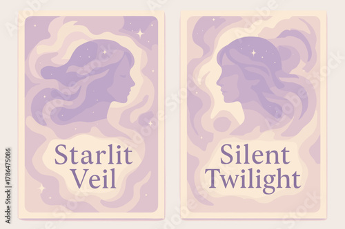 Starlit Veil, Silent Twilight. Cosmic Veil. Two vertical A6 banners with safe margins, centered composition, no elements touching edges, pastel, lavender and