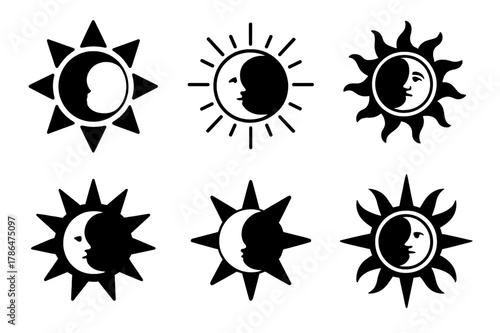 Sun and Moon Logos. Maximum contrast. Set Logo of maximum contrast: sun and moon duality. Icon set. harmonious logo variations of the same emblematic concept,