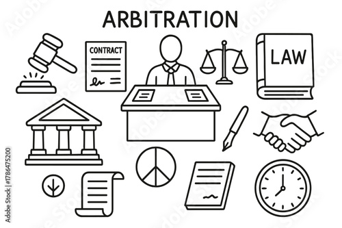 Arbitration Symbols Doodle. Arbitration. Hand-drawn doodle illustration arbitration judge?s gavel, contract, balance scale, mediator, law book,