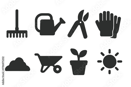 Garden Tools Icons. Garden maintenance. Filled icon set of garden maintenance: rake, watering can, pruning