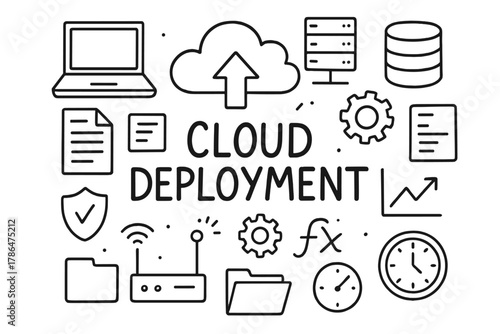 Cloud Deployment Doodle. Cloud Deployment. Hand-drawn doodle illustration of Cloud Deployment. cloud, laptop,