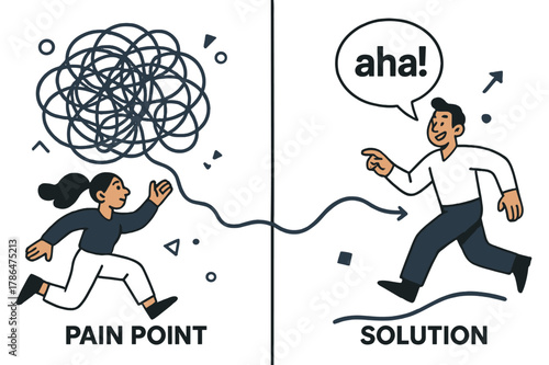 Problem-Solution Illustration. Pitch Deck ? Problem & Solution. Split scene shows a tangled knot labeled ?pain point? and a smooth line labeled ?solution.?
