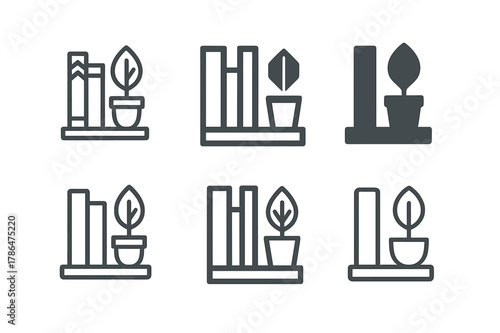 Cozy Corner Logos. Setting up a cozy corner with comfy seating for casual chats. Set Logo of cozy corner: bookshelf with potted plant. Icon set. harmonious