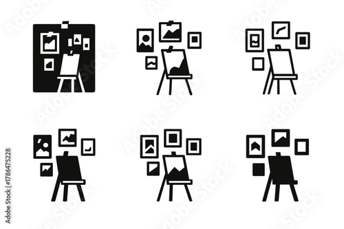 Creative Logo Variations. Creative workspace with art on walls. Set Logo of Creative workspace with art on walls: washi-taped prints arranged in a studio