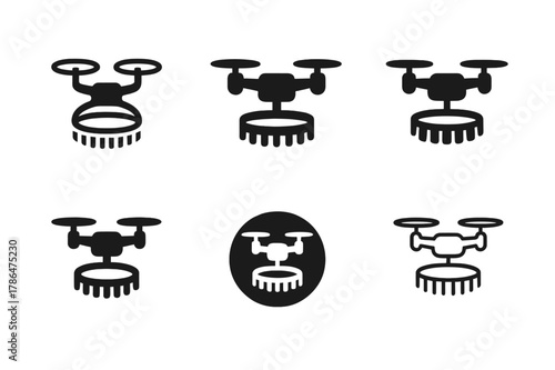 Drone Cleaning Logos. Radical new takes on home automation and living spaces. Set Logo of autonomous cleaning drone: ceiling quadcopter with brush ring. Icon