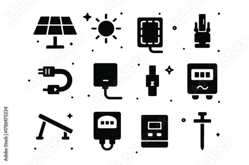 Solar Panel Icons. Solar panels. Solid icons set of Solar panels: photovoltaic panel, sun, photovoltaic cell, wiring harness, junction box, MC4 connector,
