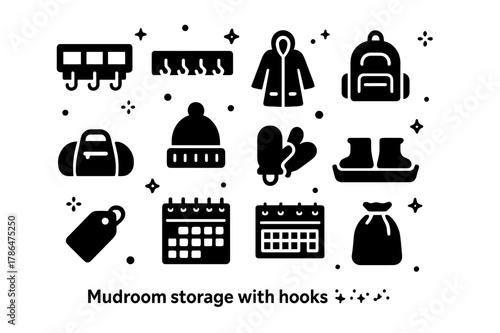 Mudroom Essentials Icons. Mudroom storage with hooks. Solid icons set of Mudroom storage with hooks: cubby shelf, hook strip, raincoat, school backpack, sports