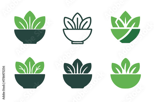 Salad Bowl Icons. Salad bowl. Icon set. Set Logo of salad bowl: bowl of mixed leafy greens. harmonious logo variations of the same emblematic concept, each