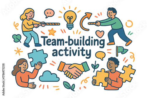 Team-Building Doodle Art. Team-building activity. Hand-drawn doodle illustration of team-building activity.