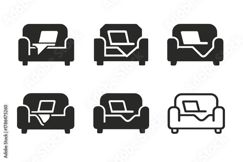 Laptop Couch Icons. Working with a laptop on the couch. Icon set. Set Logo of working with a laptop on the couch: sofa with open laptop and blanket. harmonious