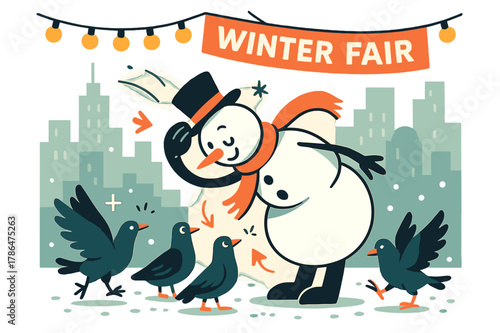 Winter Fair Snowman. Snowman ? City Square. Minimal skyline, string lights above; a snowman entertains pigeons with a jaunty bow. Banner reads ?winter fair?.