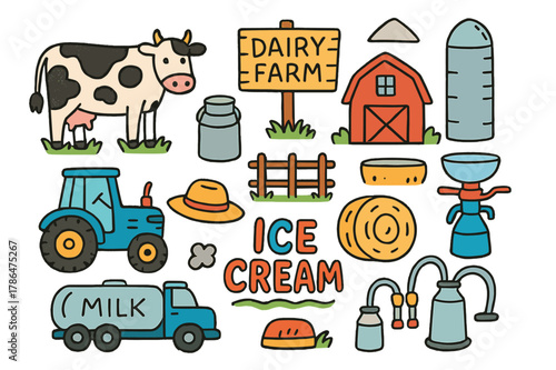 Dairy Farm Doodles. Dairy farm for ice cream. Colorful Hand-drawn doodle Children illustration Dairy farm for ice cream dairy cow, milk pail, barn, pasture