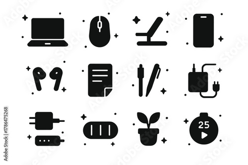 Minimalist Workspace Icons. Minimalist Remote Work Setup. Solid icons set of Minimalist Remote Work Setup: ultrabook, wireless mouse, compact stand,