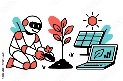 Eco-Friendly Technology Illustration. Green technology. A robot planting a tree, a solar panel generating electricity, a laptop with a green screen displaying